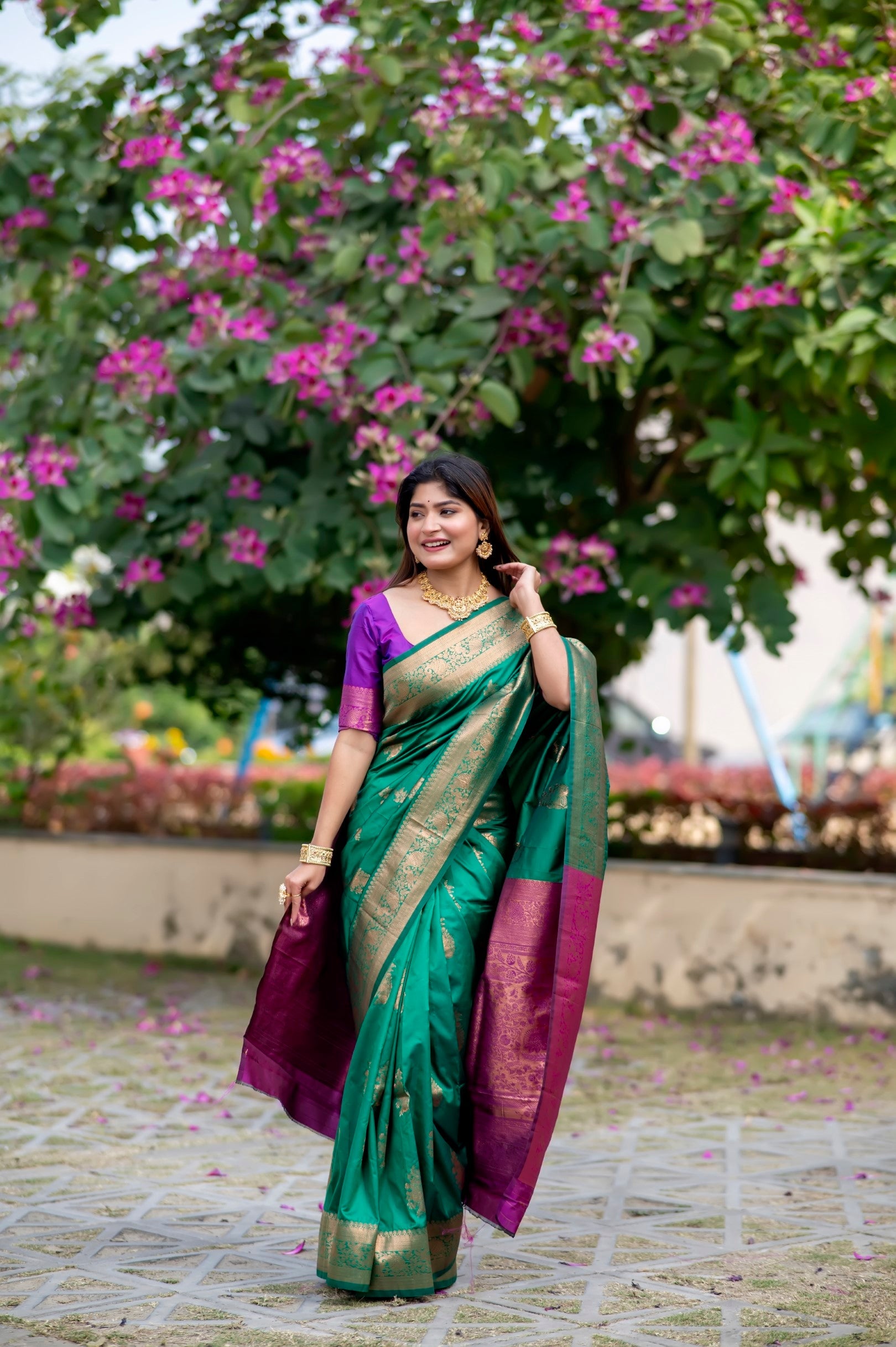 Buy MySilkLove Pine Green and Purple Woven Banarasi Saree Online