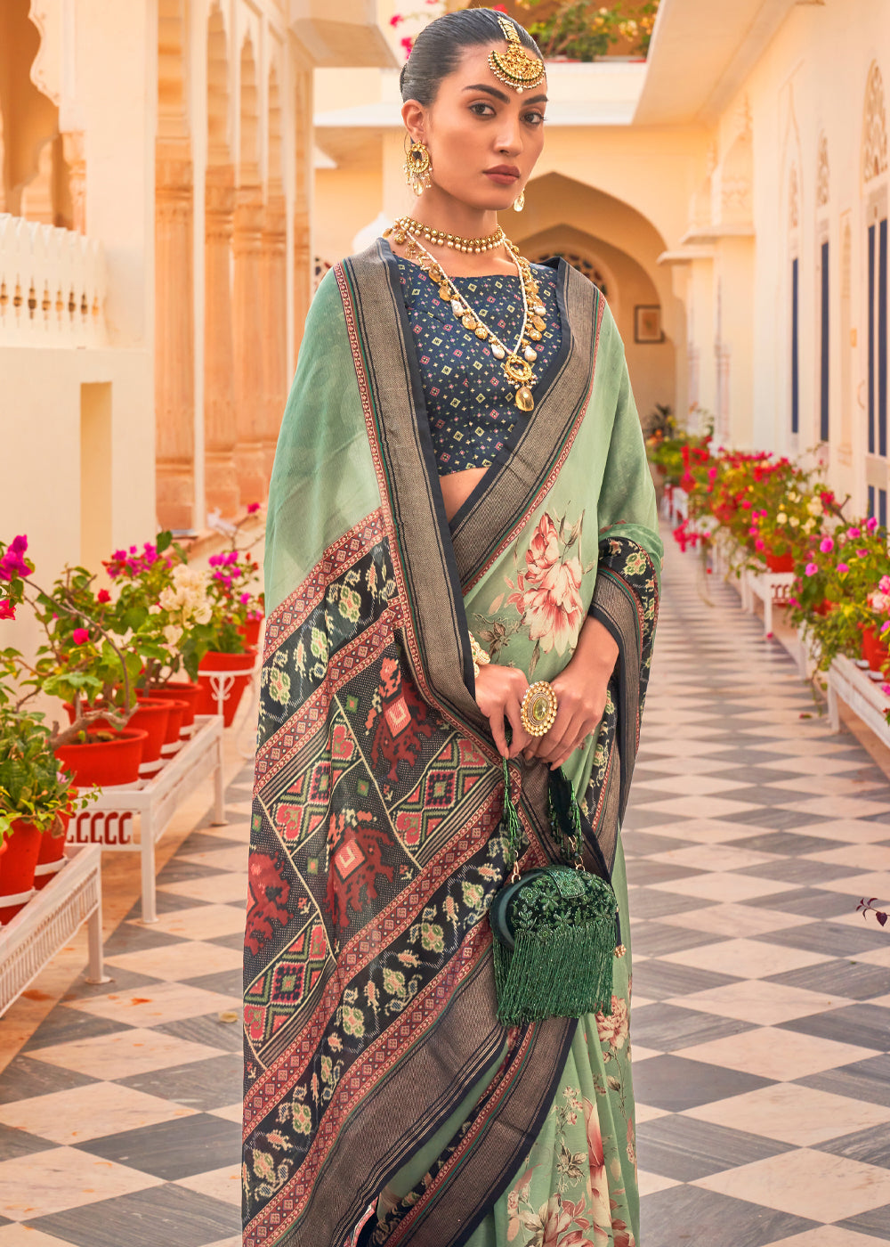 MySilkLove Sage Green Printed Chiffon Patola Silk Saree