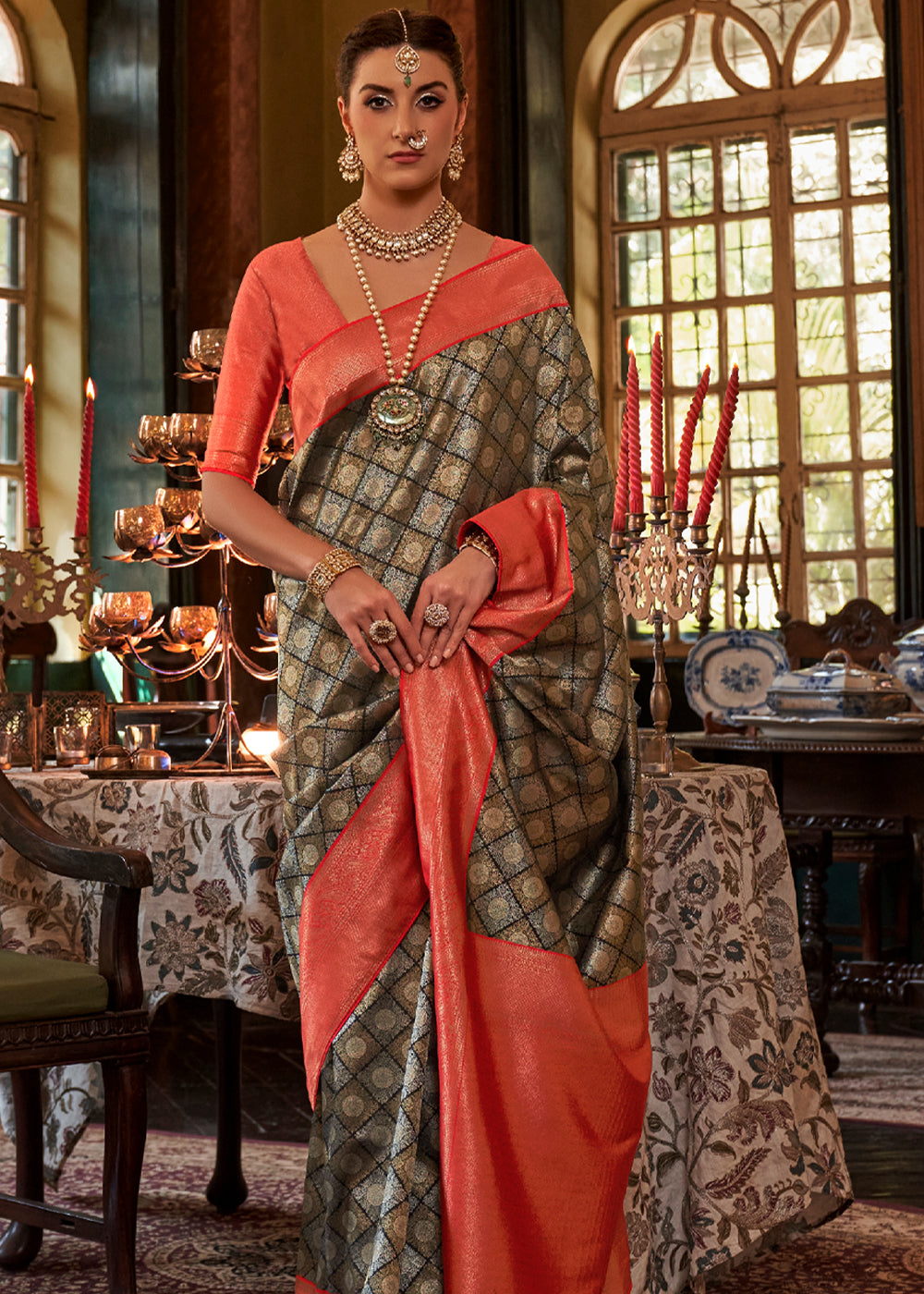 Buy MySilkLove Quincy Black and Red Woven Kanjivaram Saree Online