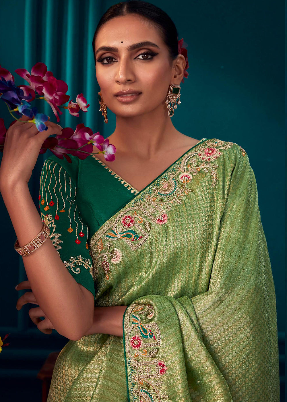 MySilkLove Woodland Green Woven Embroidered Banarasi Silk Saree