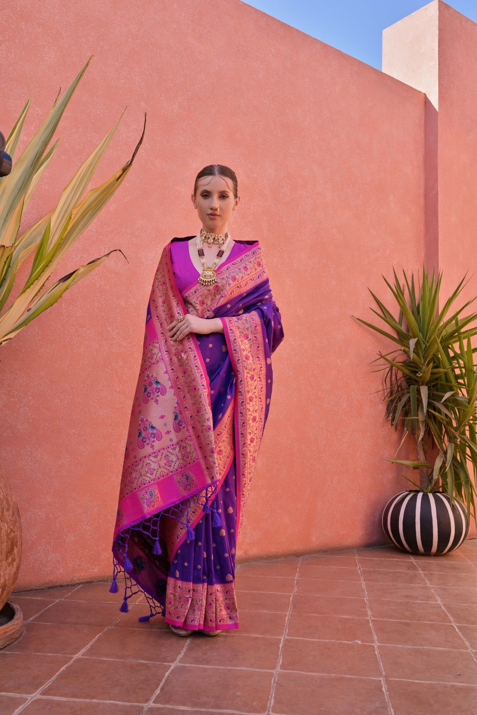 Buy MySilkLove Daisy Bush Purple and Pink Zari Woven Paithani Saree Online