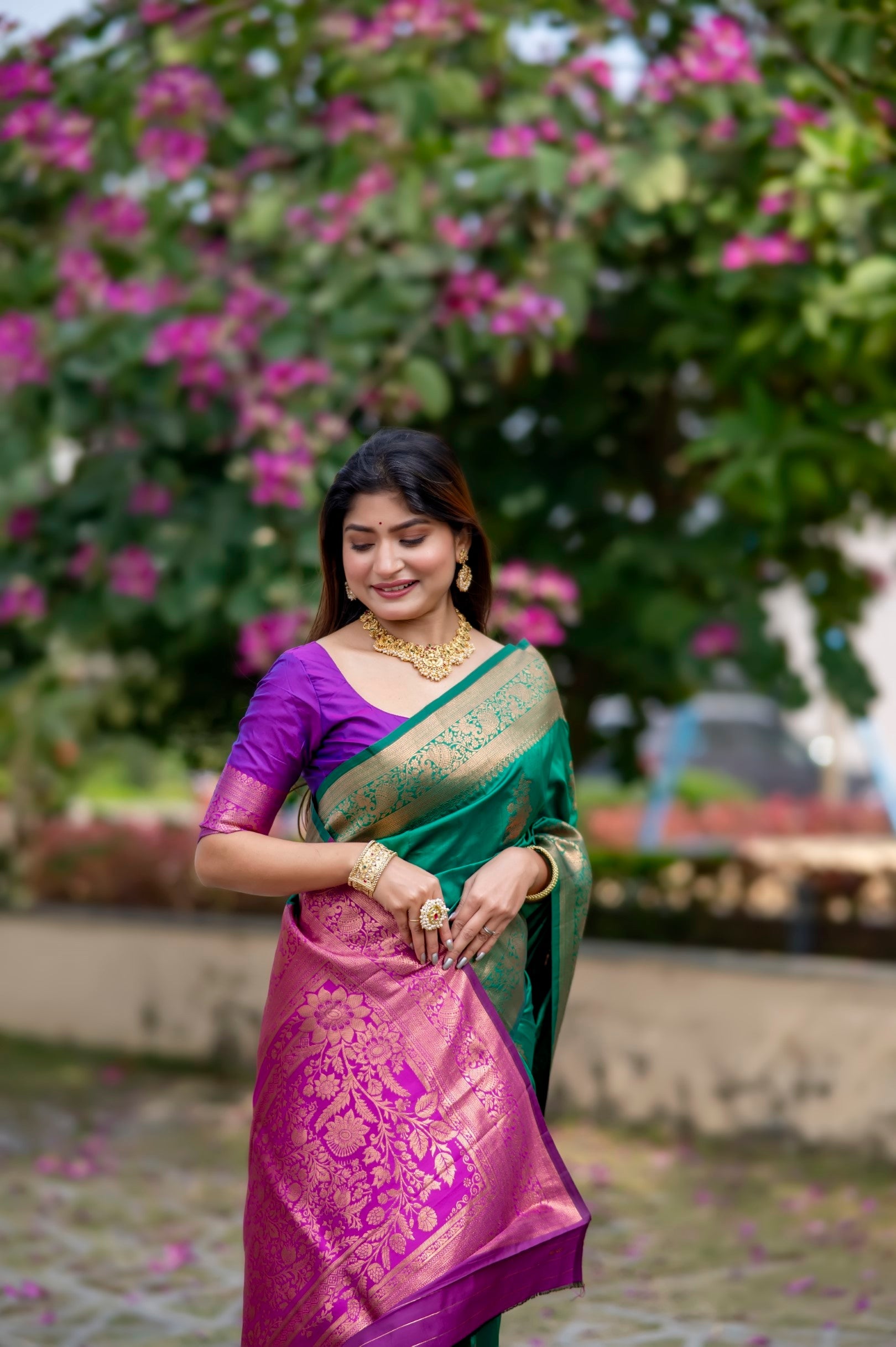 Buy MySilkLove Pine Green and Purple Woven Banarasi Saree Online