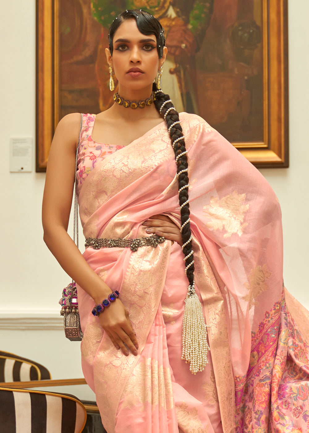 Buy MySilkLove Shimmer Pink Handloom Silk Saree with Kashmiri Pallu Online