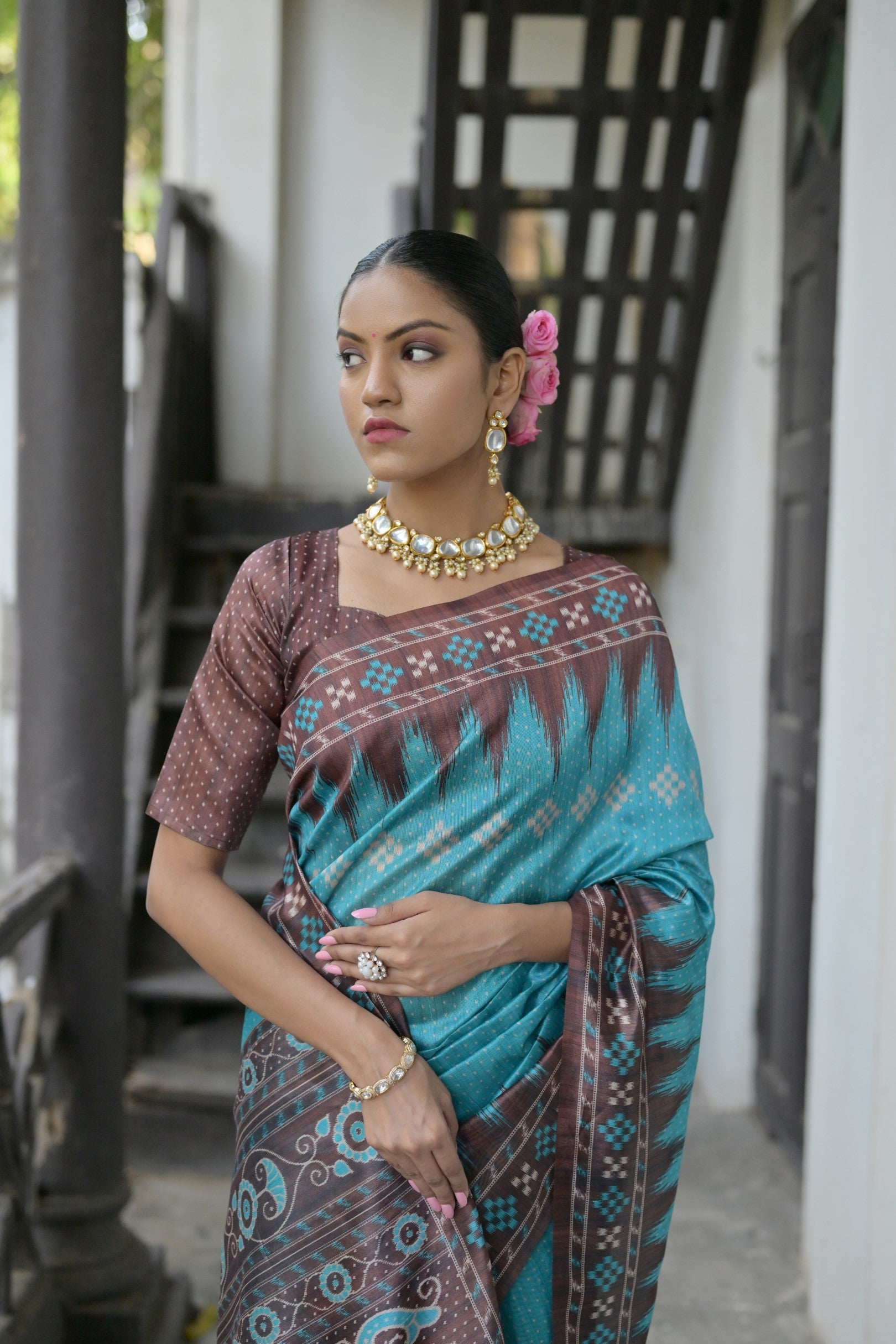 Buy MySilkLove Tradewind Blue and Brown Printed Tussar Silk Saree Online