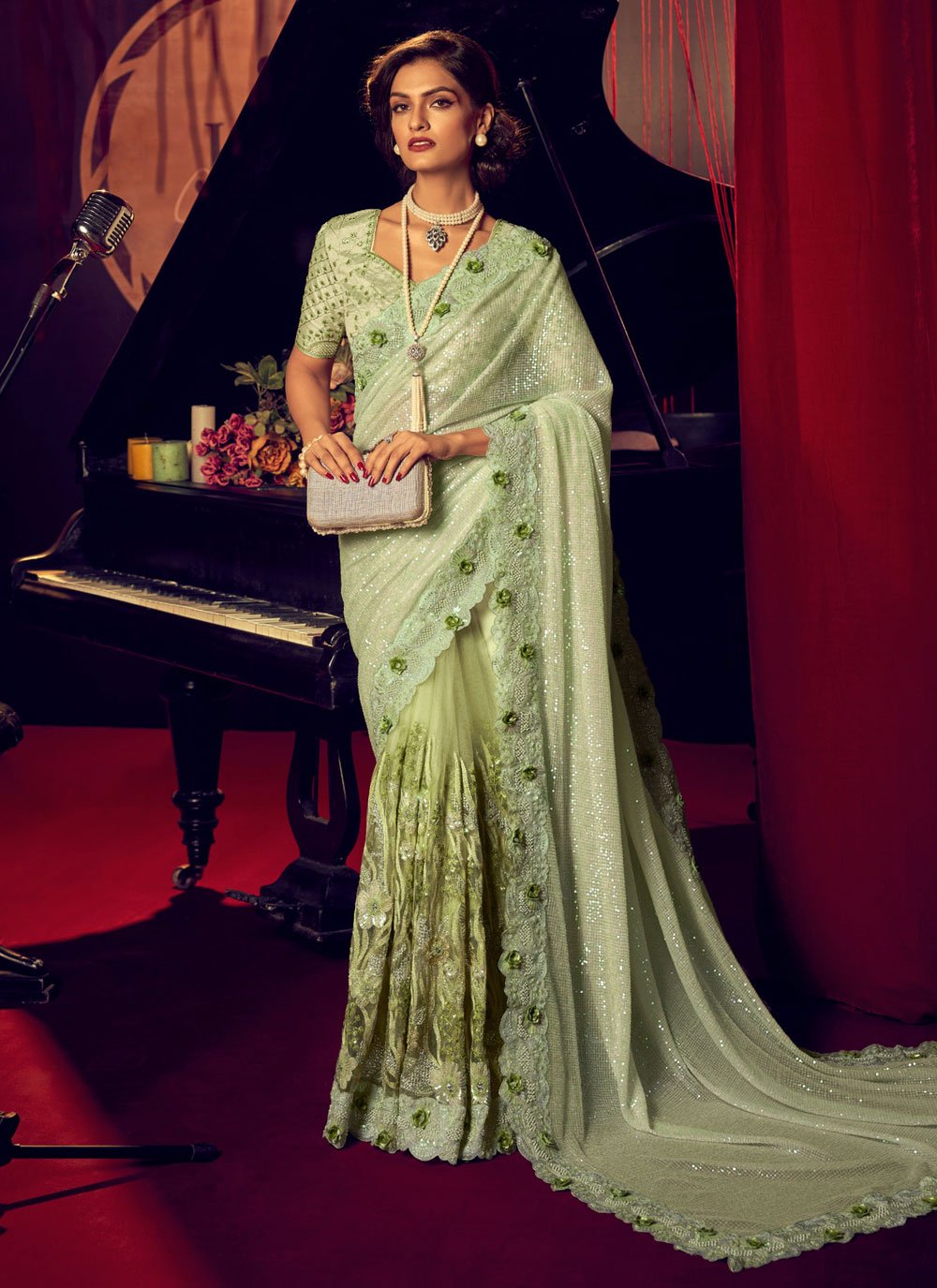 Buy MySilkLove Yuma Green Designer Partywear Saree Online