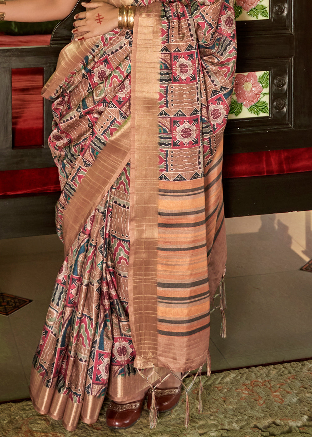 Buy MySilkLove Brandy Rose Pink and Brown Designer Printed Silk Saree Online