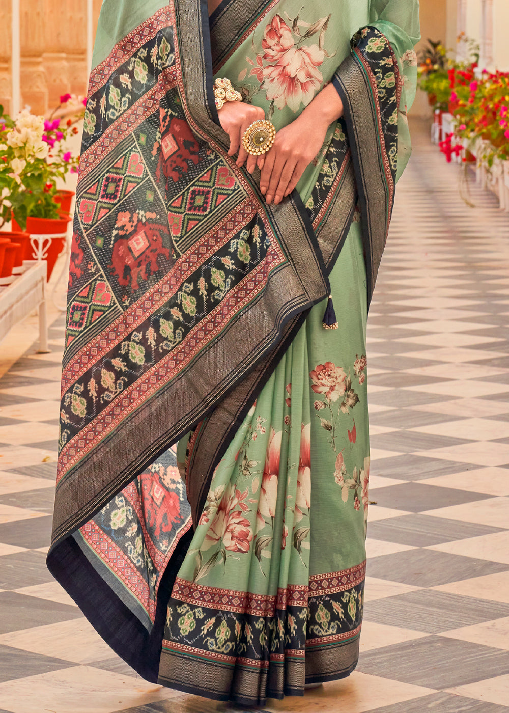 Buy MySilkLove Sage Green Printed Chiffon Patola Silk Saree Online