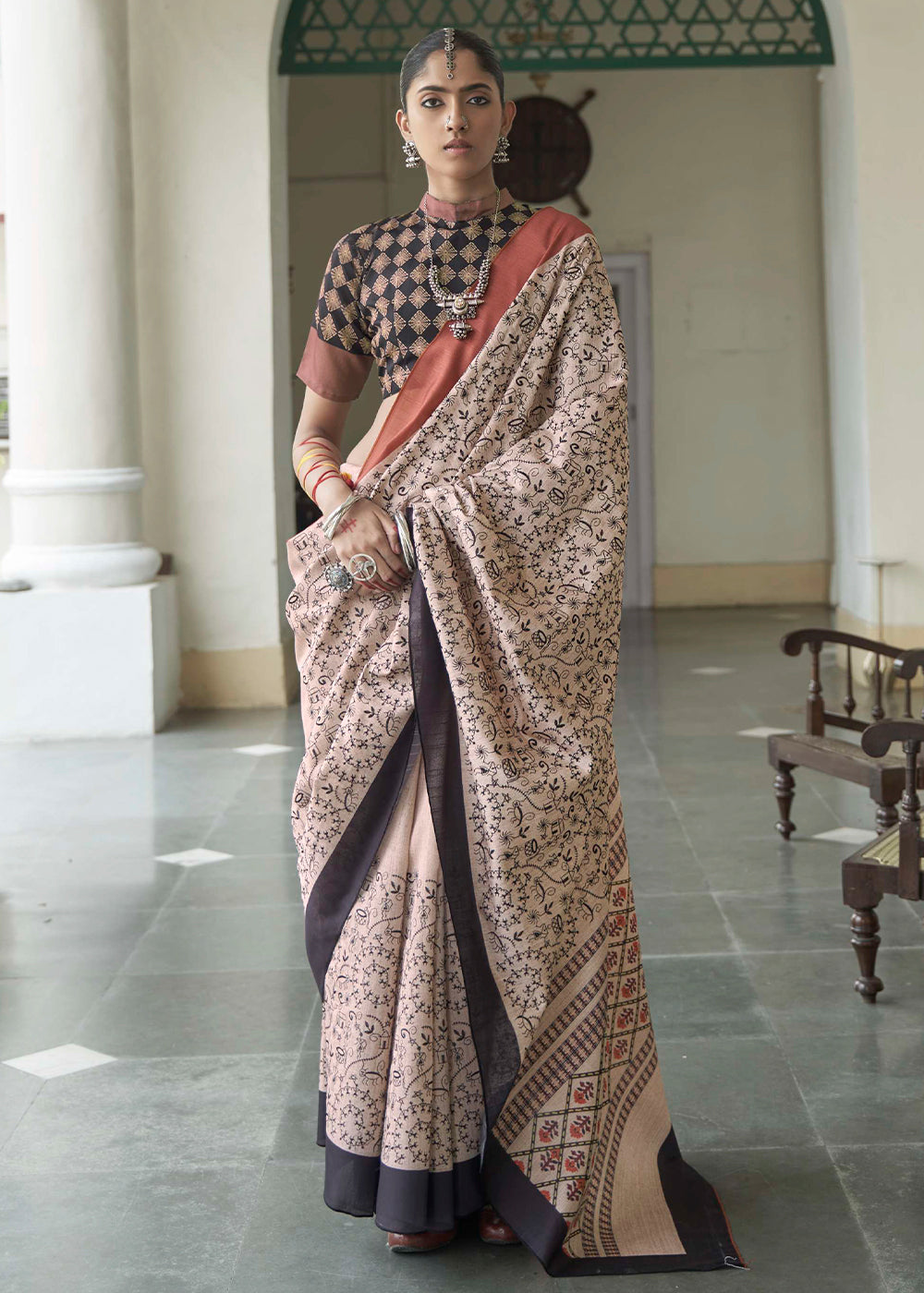 Buy MySilkLove Thatch Brown Printed Designer Banarasi Saree Online