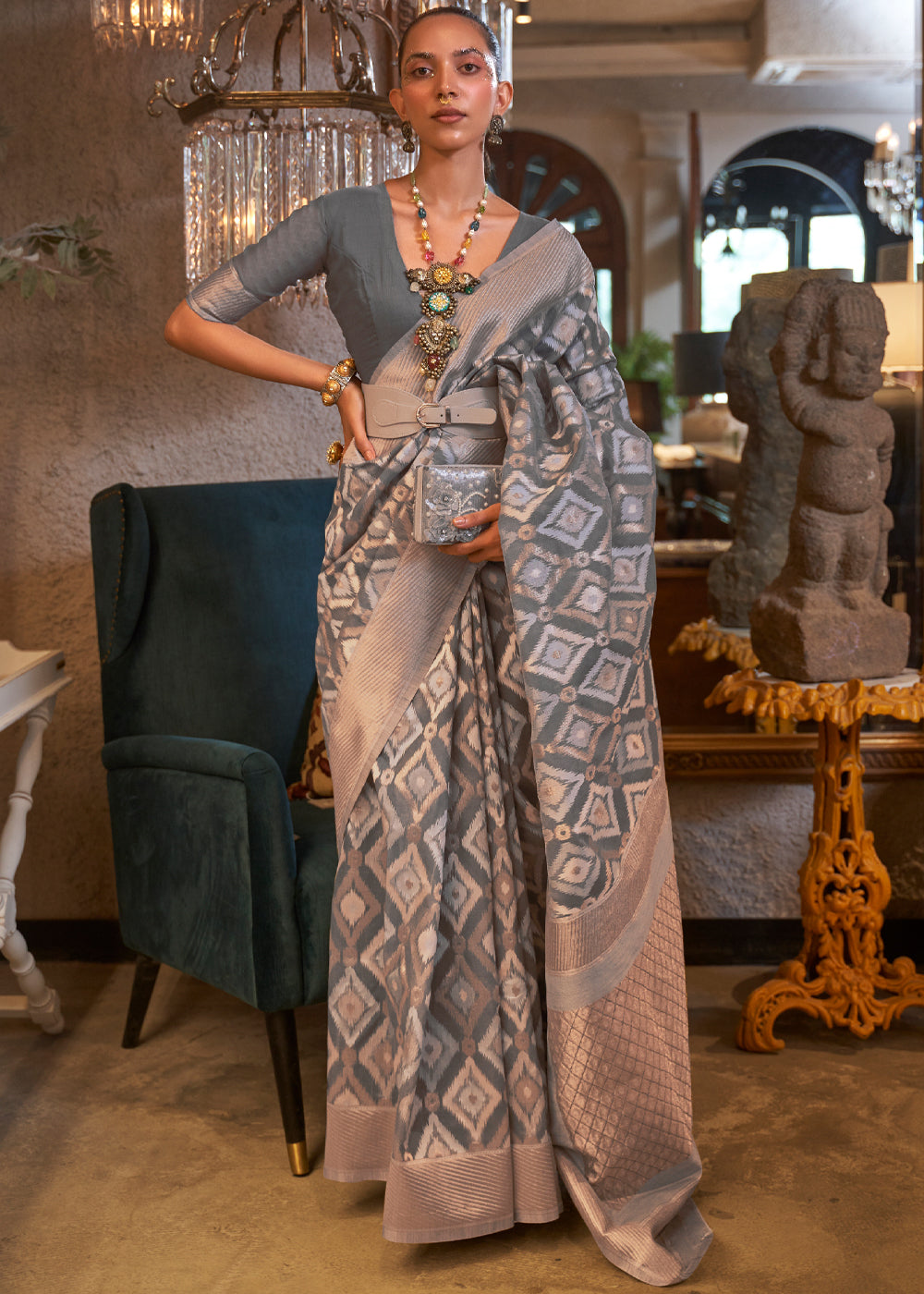 MySilkLove Ironside Grey Woven Banarasi Linen Silk Saree