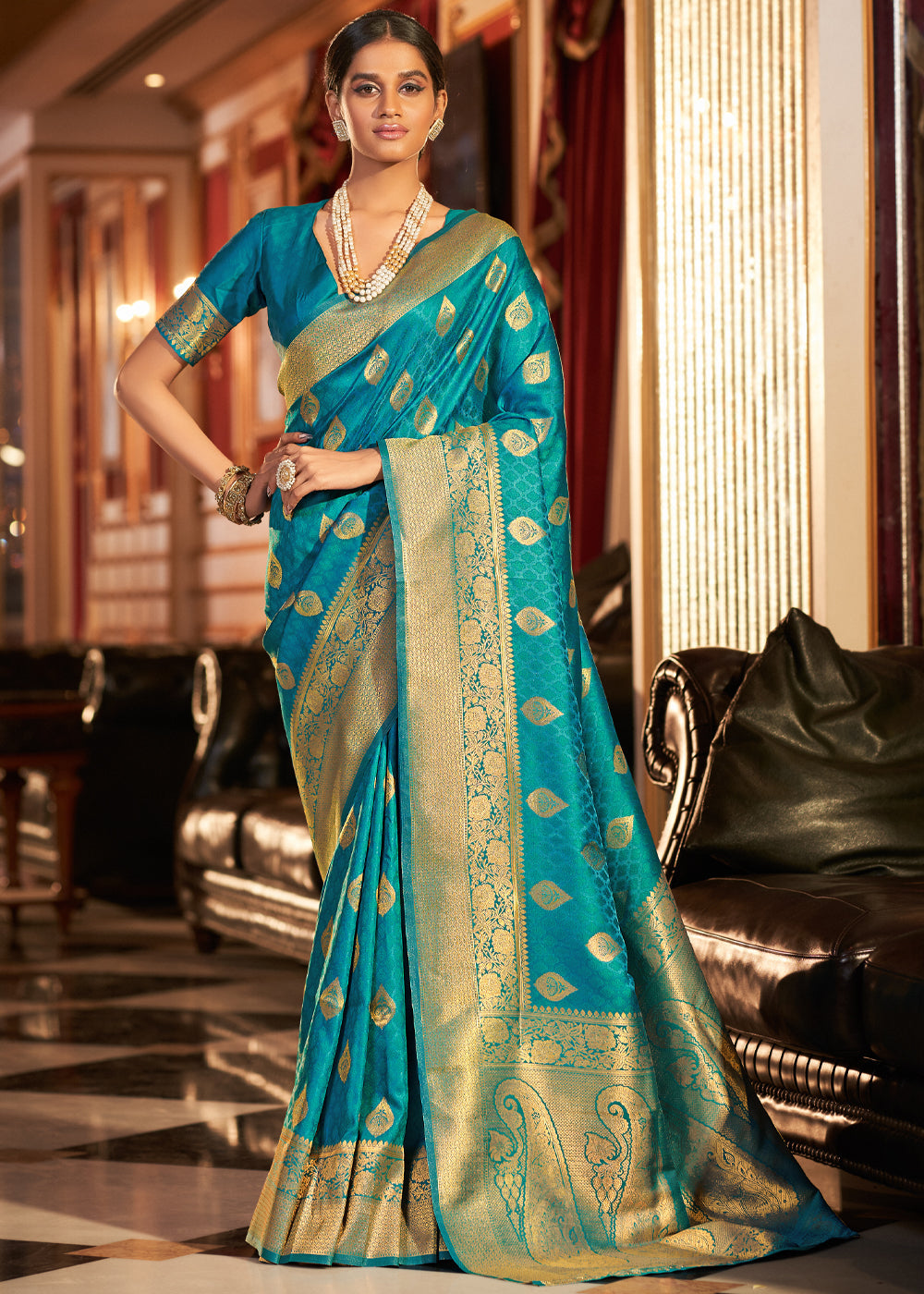 Buy MySilkLove Mosque Blue Woven Banarasi Soft Silk Saree Online