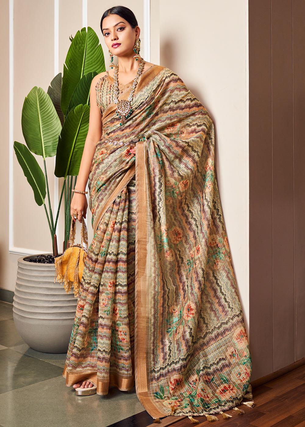 Buy MySilkLove Antique Brass Brown Linen Saree with Digital Print Online