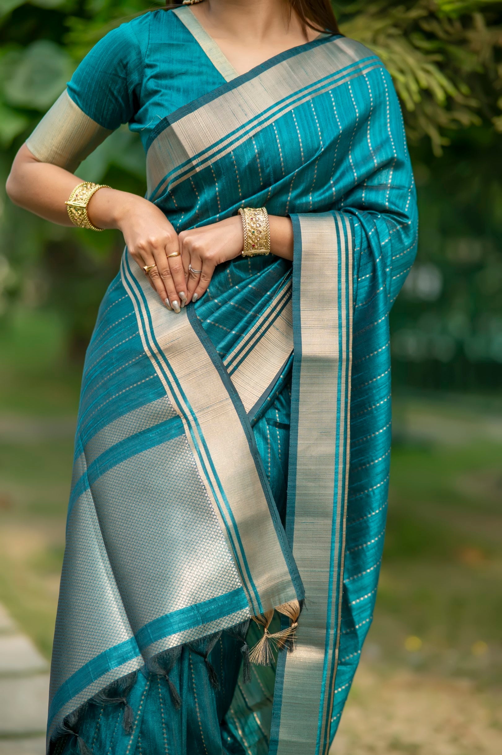 Buy MySilkLove Teal Blue Woven Raw Silk Saree Online