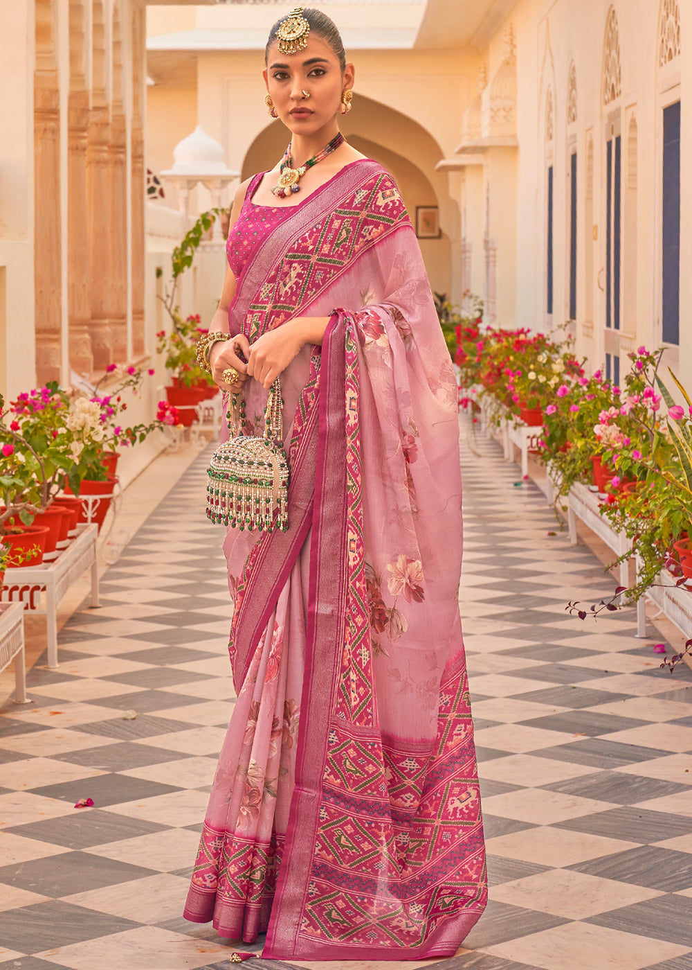 Buy MySilkLove Froly Pink Printed Chiffon Patola Silk Saree Online