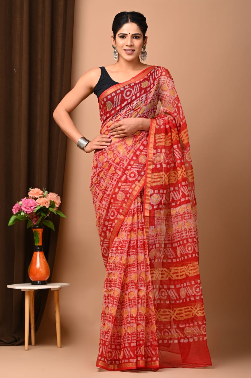 Buy MySilkLove Persian Red Handblock Kota Doriya Saree Online