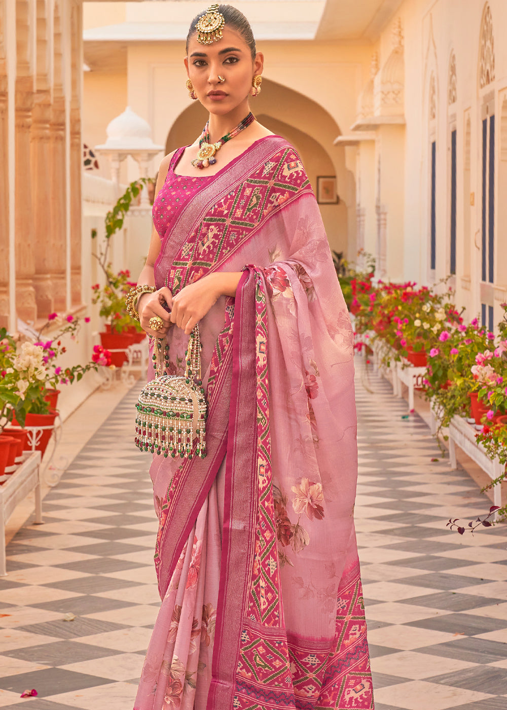MySilkLove Froly Pink Printed Chiffon Patola Silk Saree