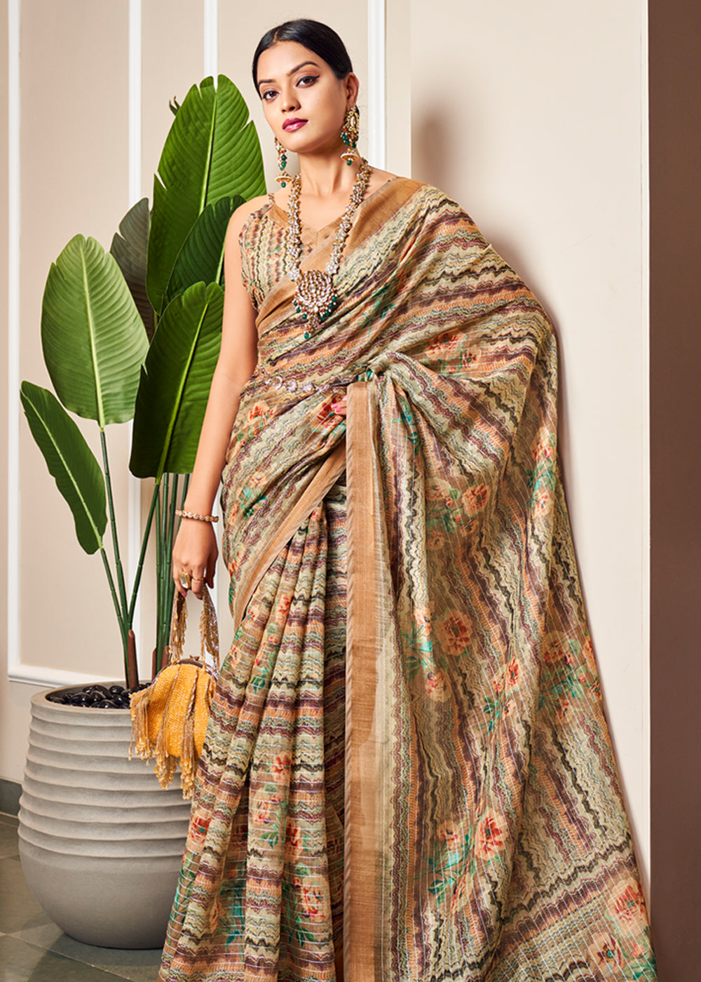 MySilkLove Antique Brass Brown Linen Saree with Digital Print