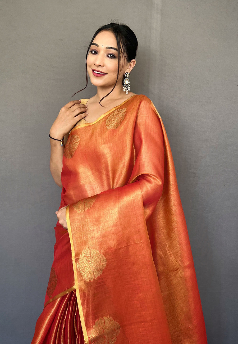 Buy MySilkLove Jaffa Orange Zari Woven Banarasi Tissue Silk Saree Online