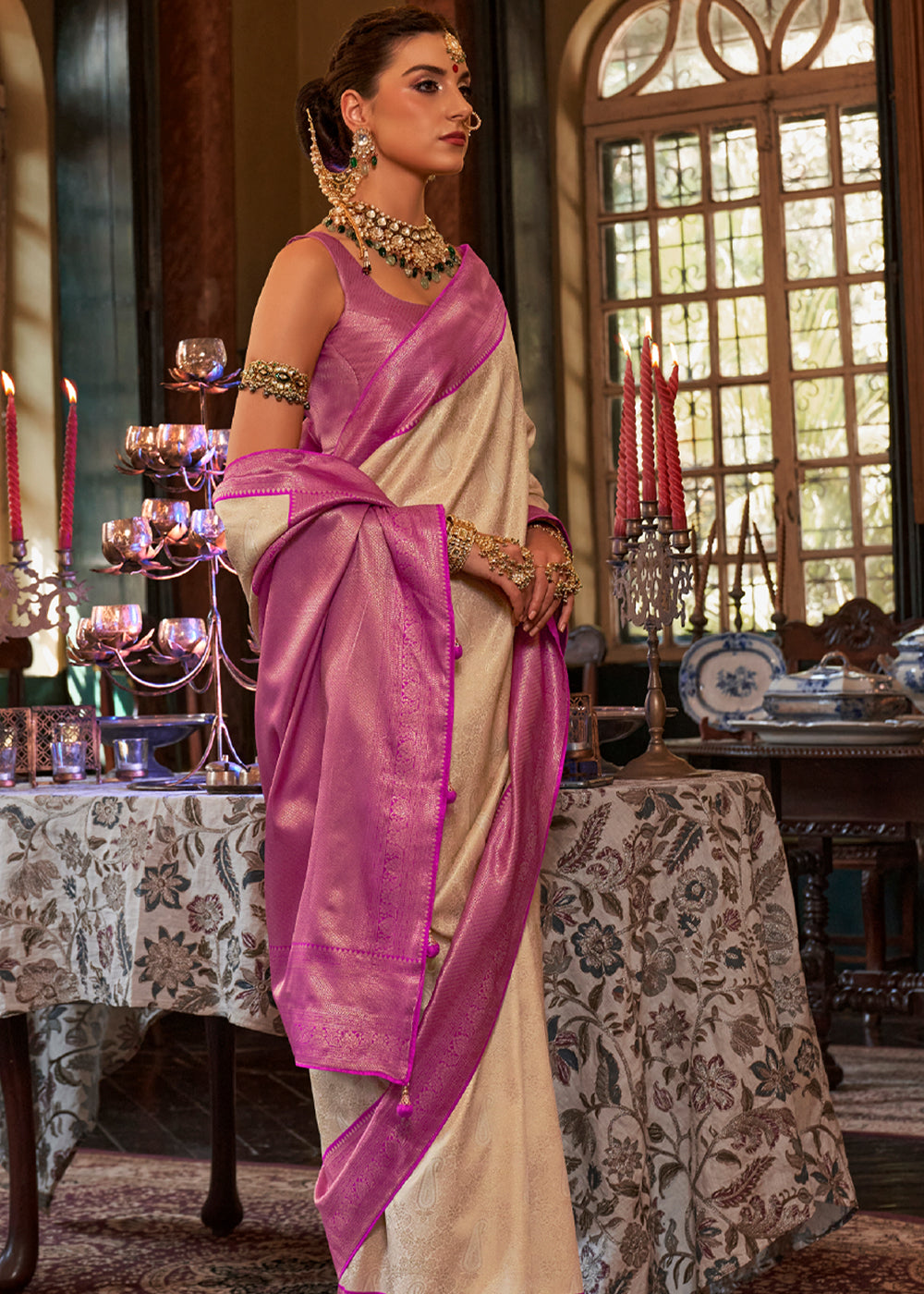 Buy MySilkLove Antique Beige and Purple Woven Kanjivaram Saree Online