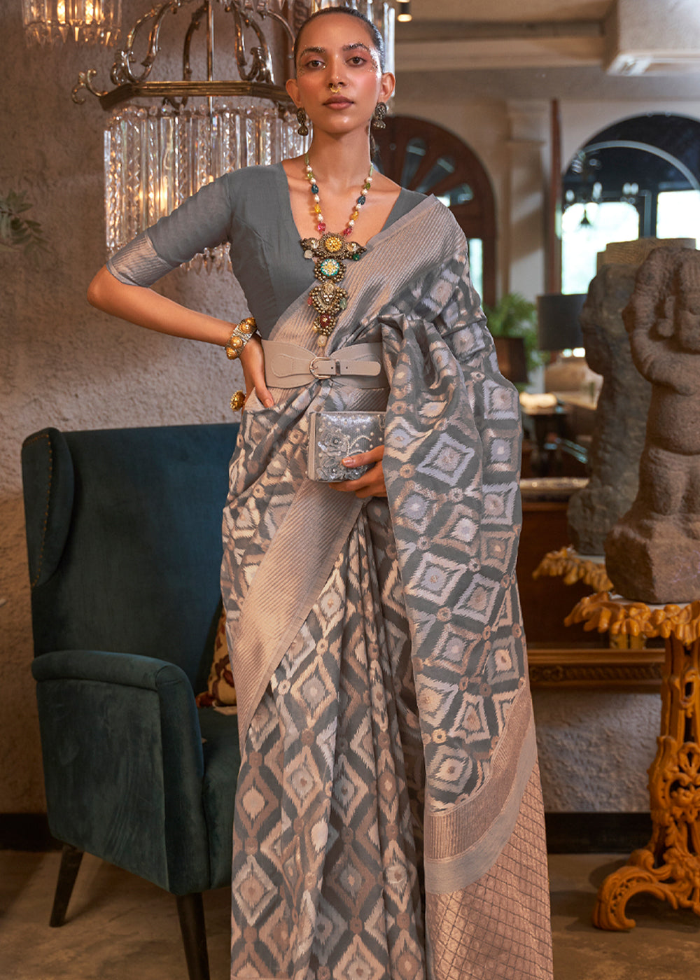 Buy MySilkLove Ironside Grey Woven Banarasi Linen Silk Saree Online
