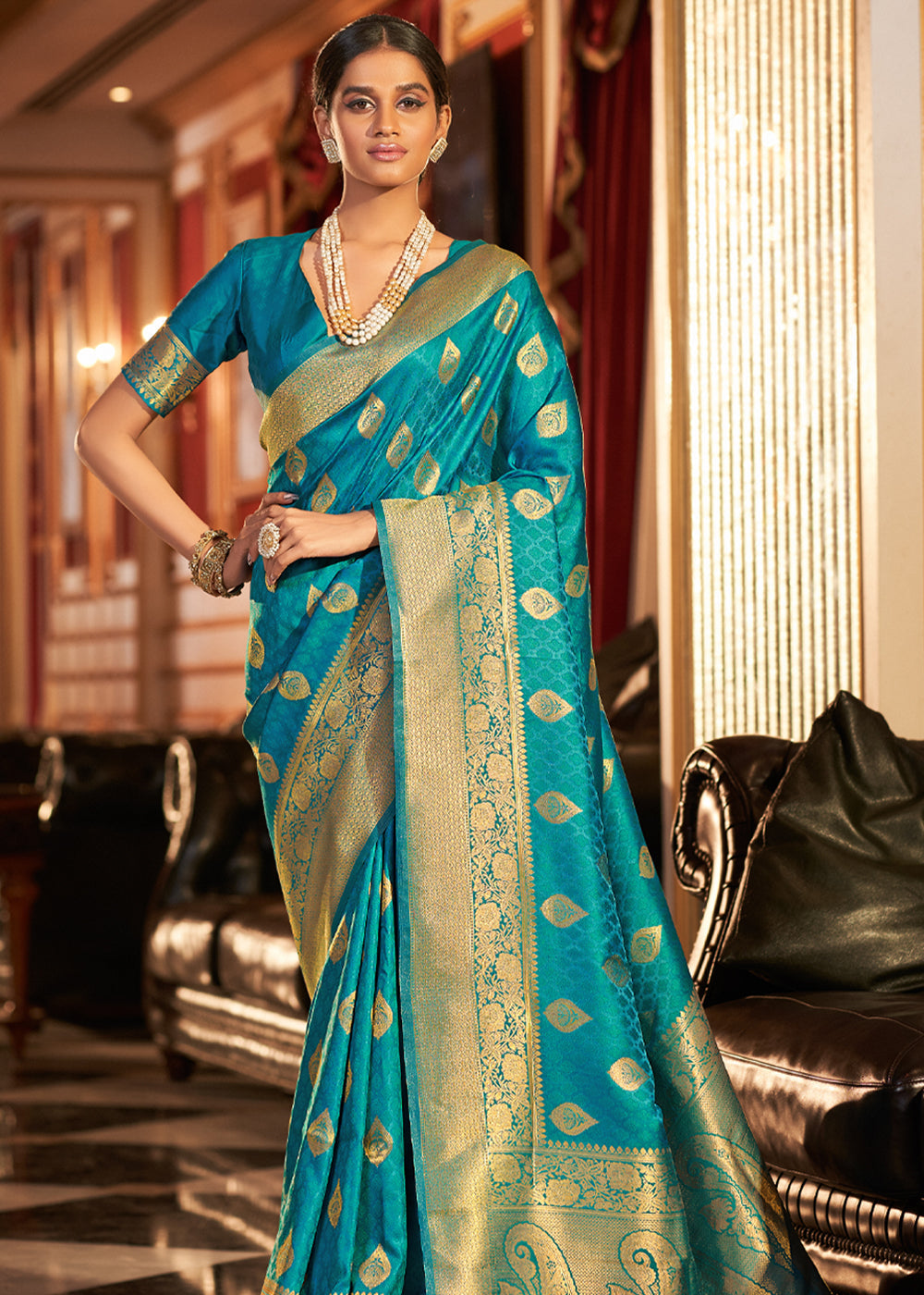 Buy MySilkLove Mosque Blue Woven Banarasi Soft Silk Saree Online