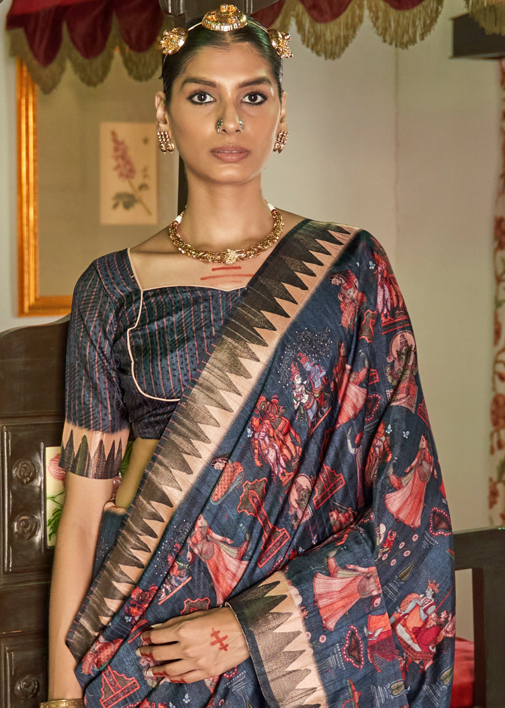 Buy MySilkLove Matterhorn Blue Designer Printed Silk Saree Online