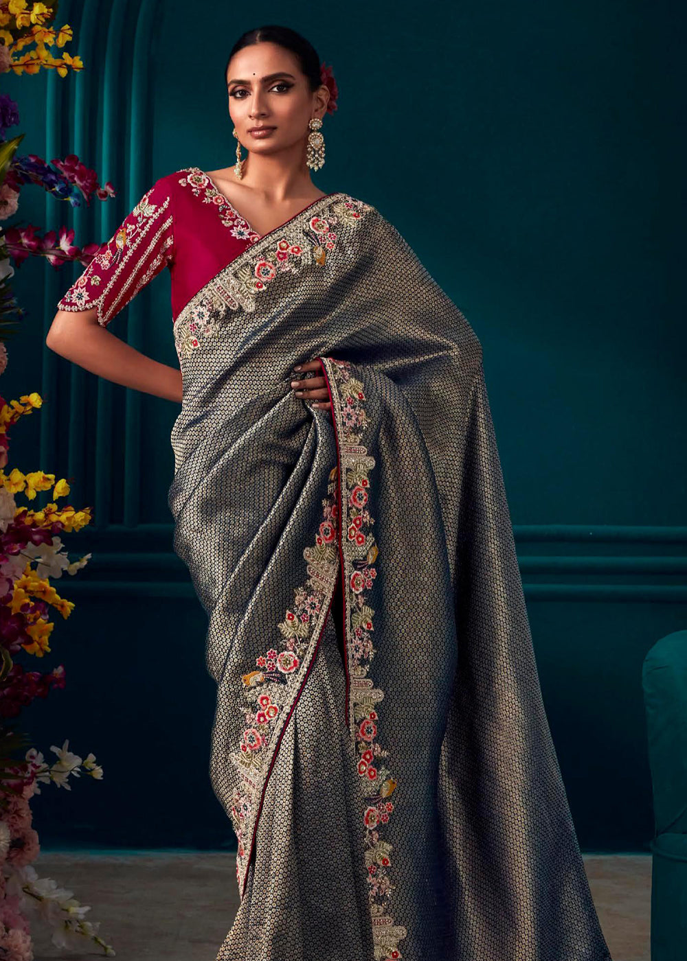 Buy MySilkLove Corduroy Grey Woven Embroidered Banarasi Silk Saree Online