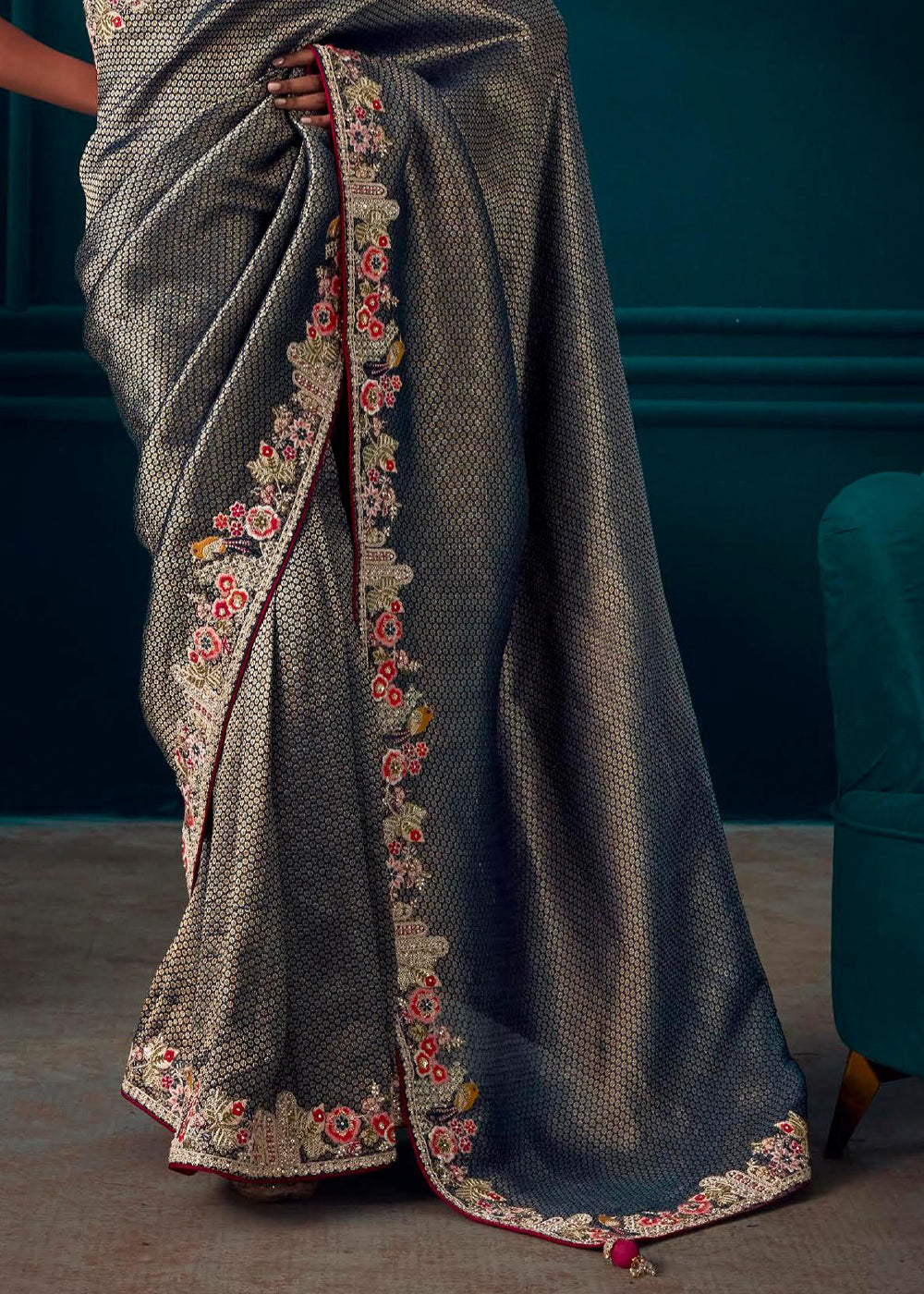 Buy MySilkLove Corduroy Grey Woven Embroidered Banarasi Silk Saree Online