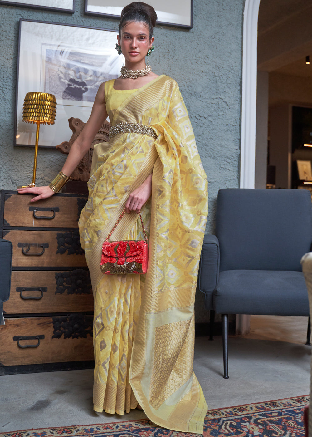MySilkLove Laser Yellow Woven Banarasi Linen Silk Saree