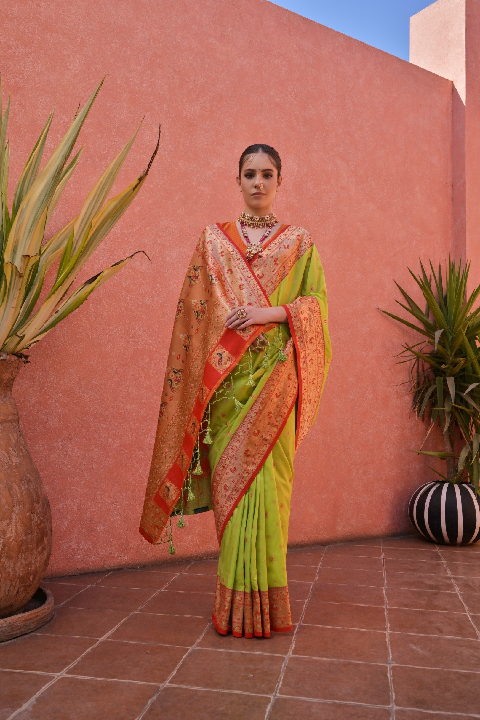 Buy MySilkLove Sunburst Green and Orange Zari Woven Paithani Saree Online