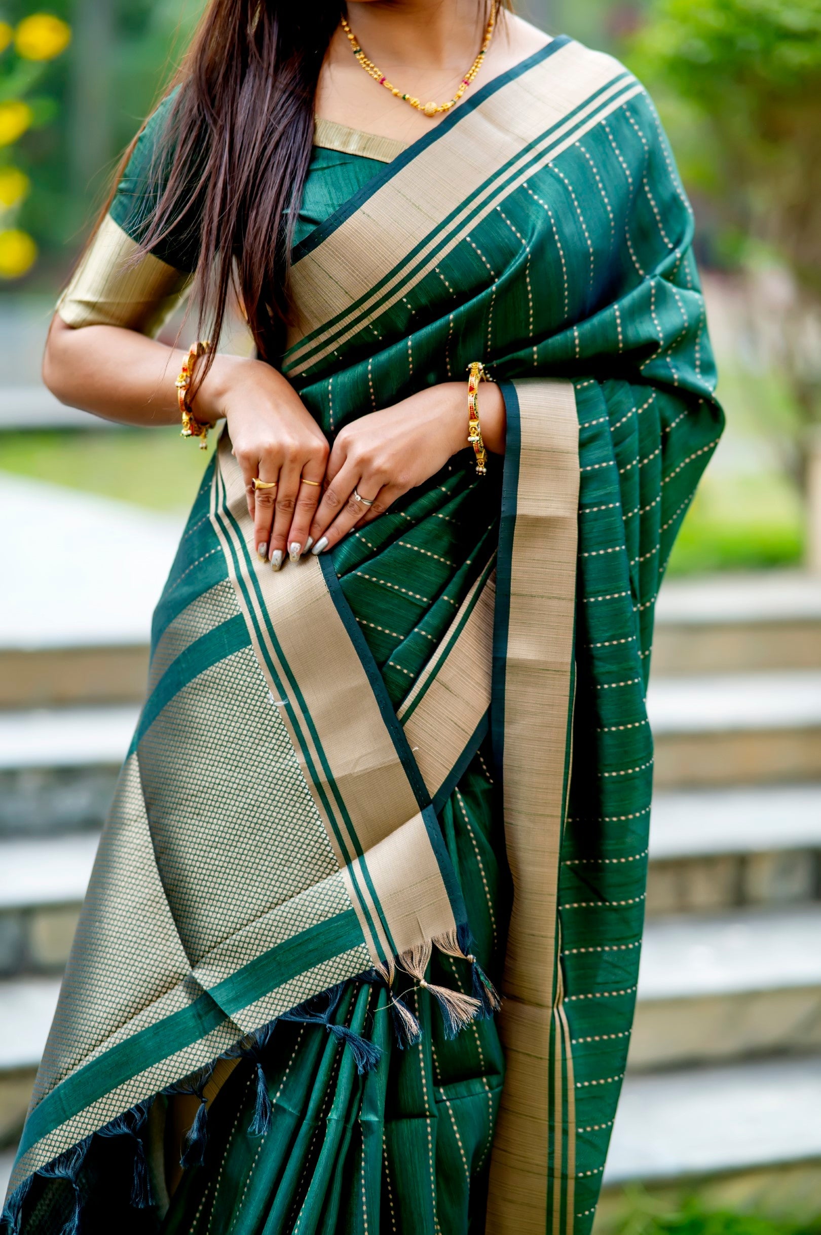 Buy MySilkLove Jade Dark Green Woven Raw Silk Saree Online