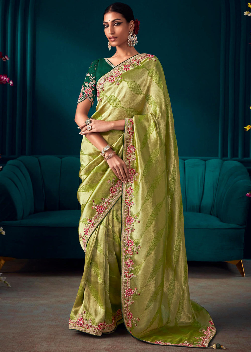 Buy MySilkLove Peridot Green Woven Embroidered Banarasi Silk Saree Online