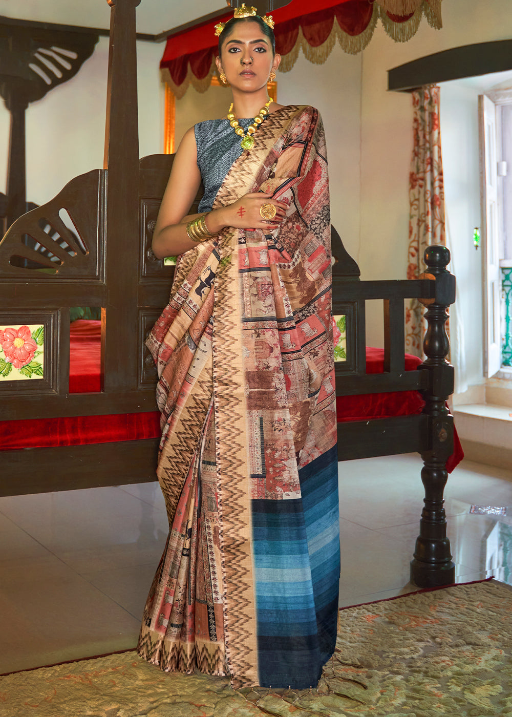 Buy MySilkLove Copper Brown and Blue Digital Printed Silk Saree Online