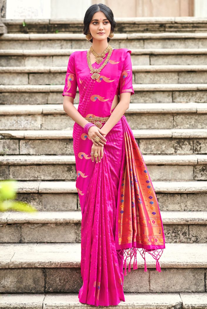 Buy MySilkLove Persian Rose Pink Woven Paithani Silk Saree Online