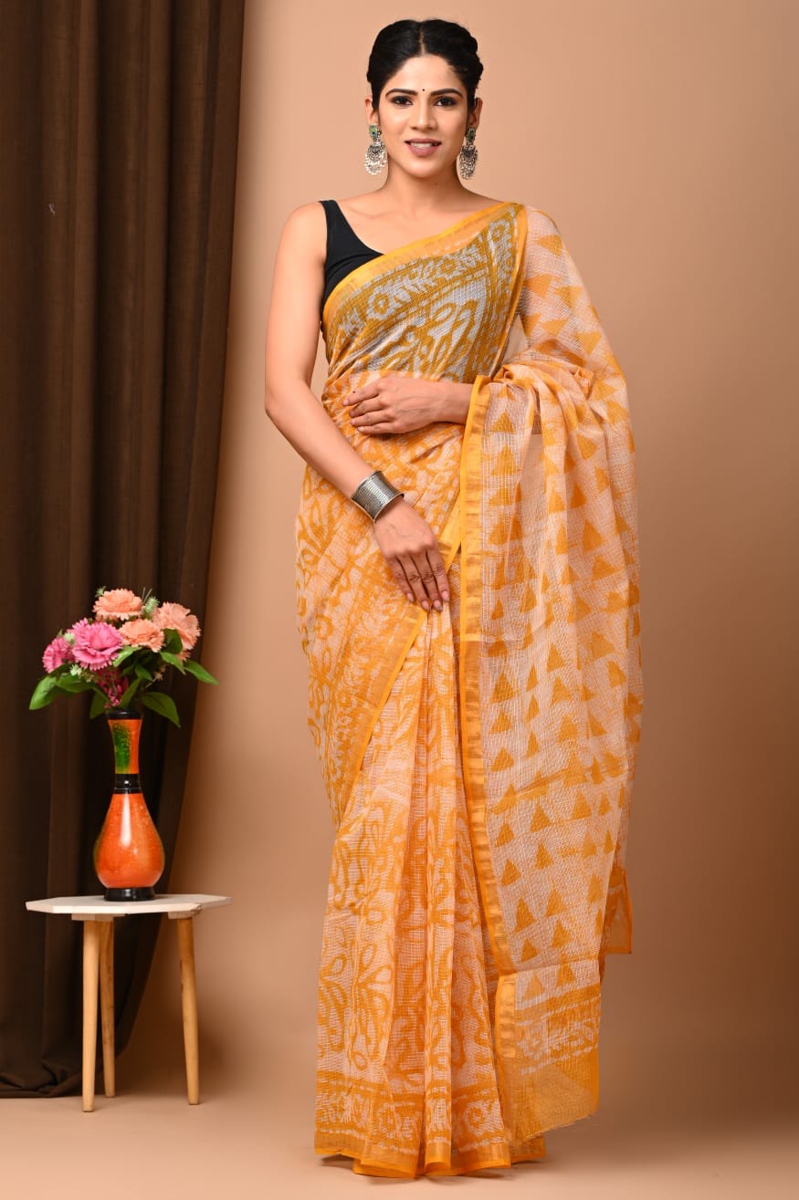 Buy MySilkLove Texas Rose Yellow Handblock Kota Doriya Saree Online