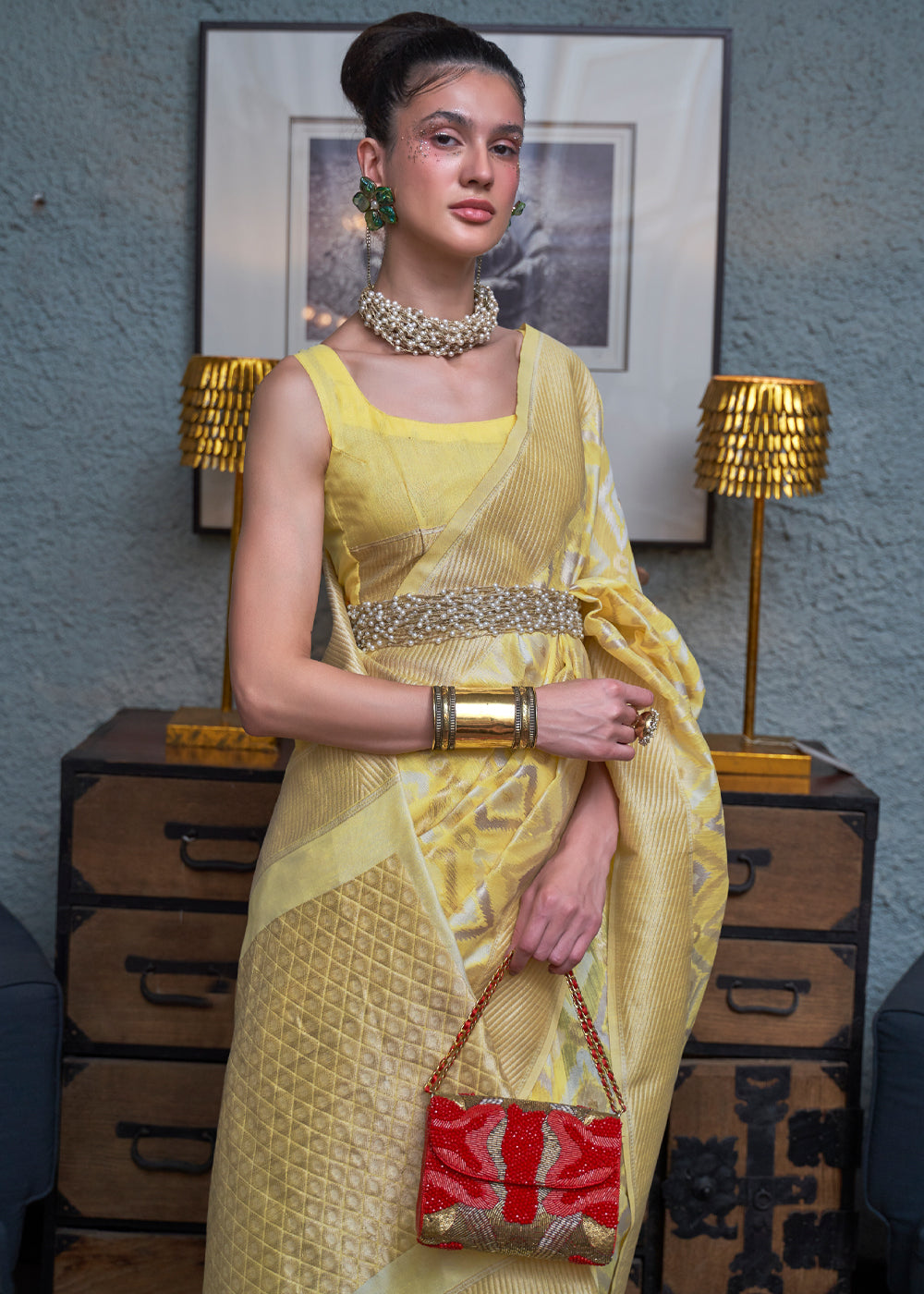 Buy MySilkLove Laser Yellow Woven Banarasi Linen Silk Saree Online