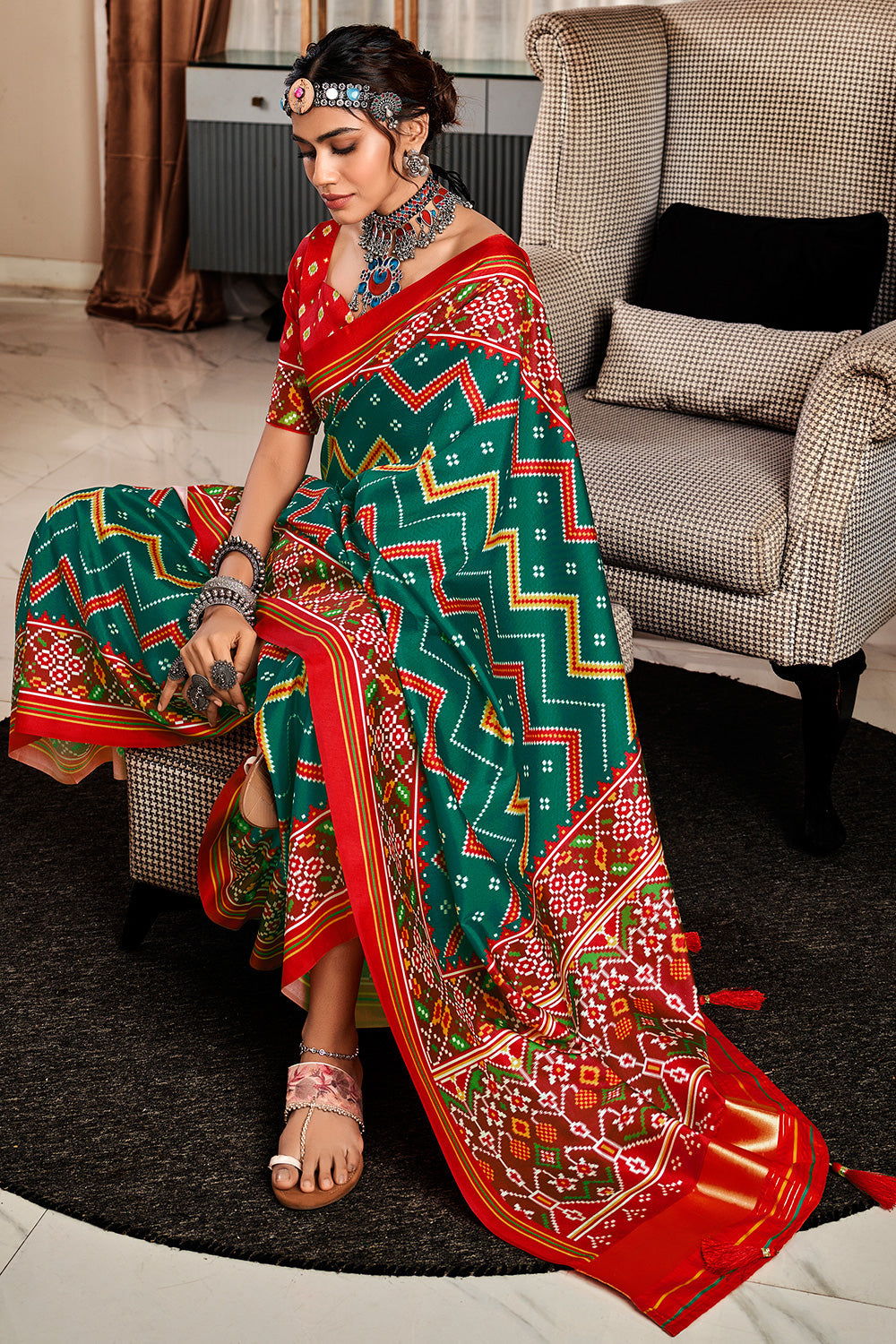 Buy MySilkLove Evening Sea Green and Red Printed Patola Saree Online