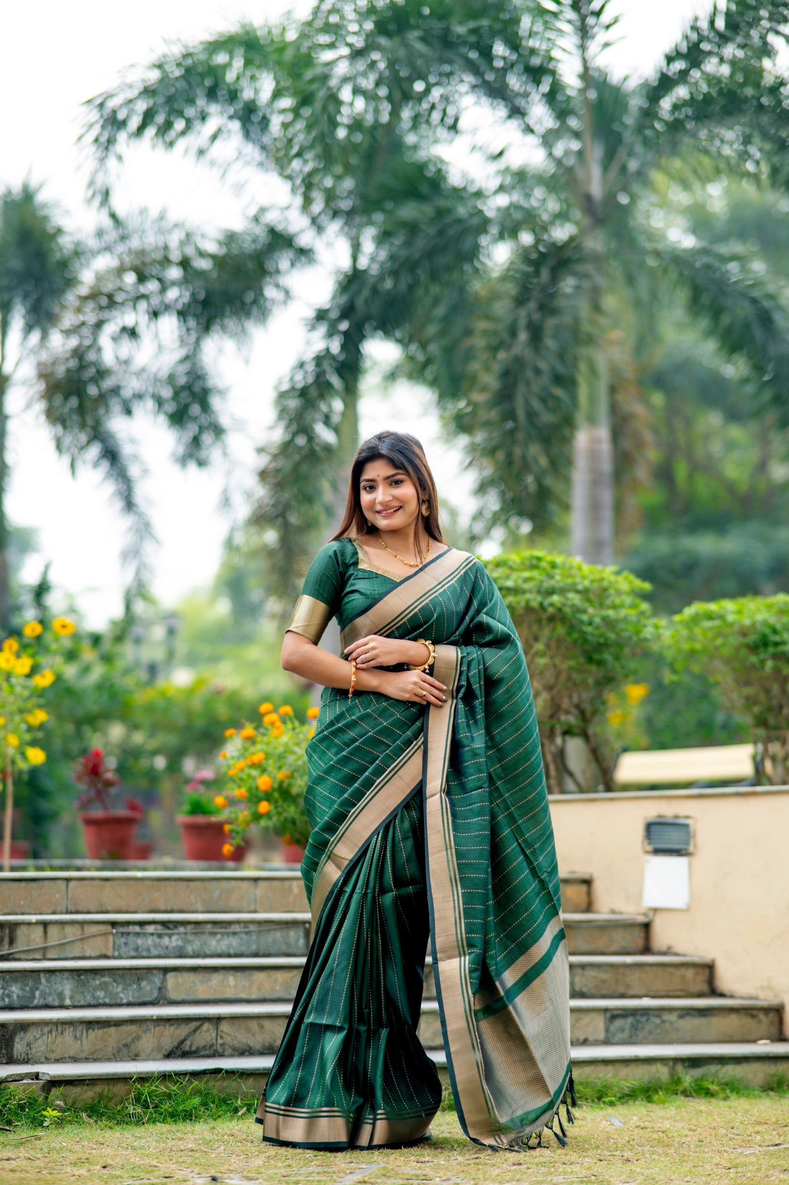 Buy MySilkLove Jade Dark Green Woven Raw Silk Saree Online