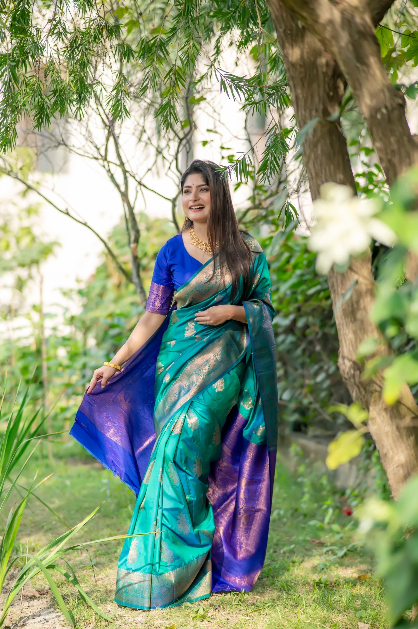 Buy MySilkLove Steel Green and Blue Woven Banarasi Saree Online