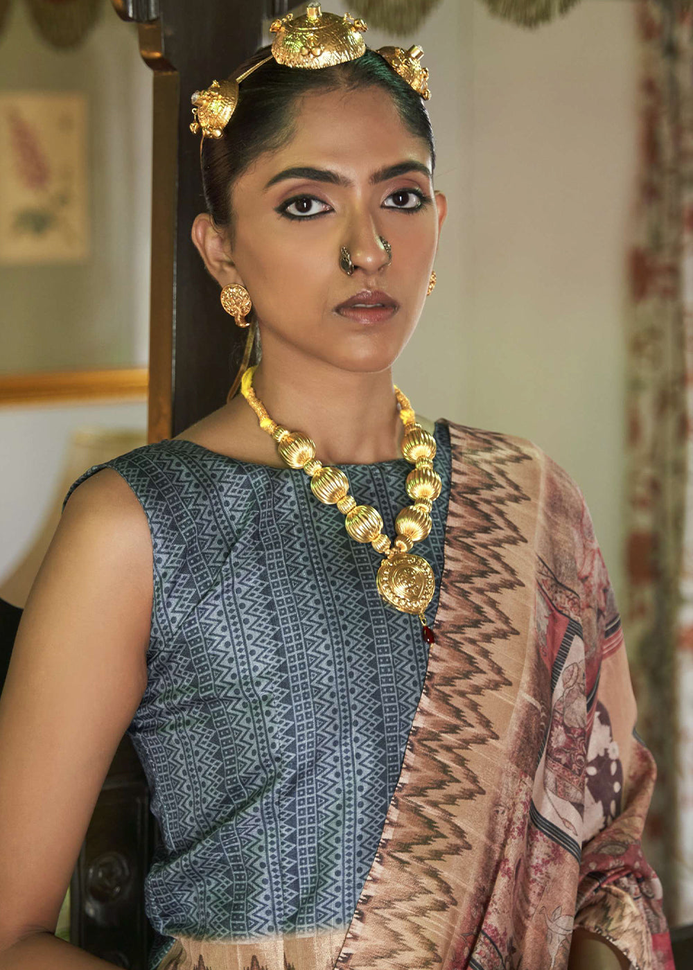 Buy MySilkLove Copper Brown and Blue Digital Printed Silk Saree Online