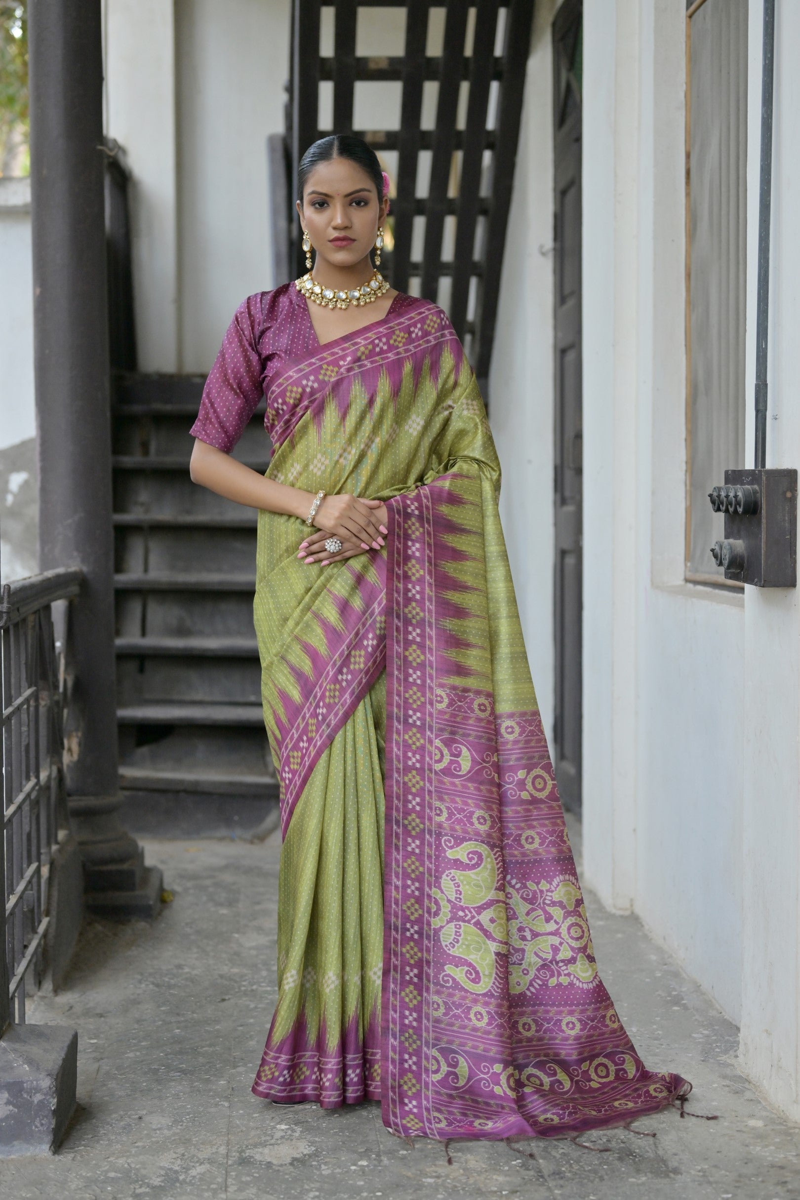 MySilkLove Smoke Green and Purple Printed Tussar Silk Saree