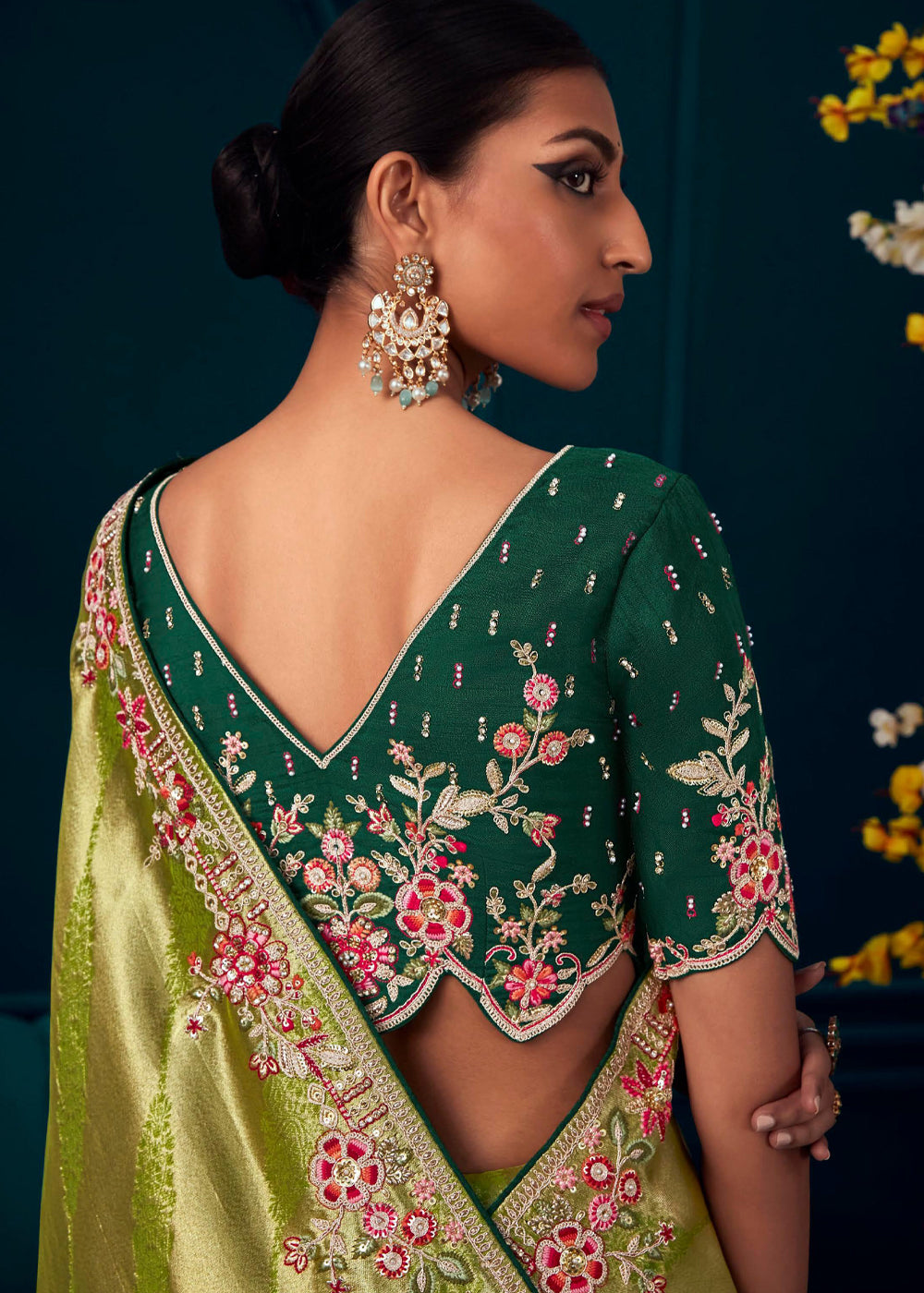 MySilkLove Peridot Green Woven Embroidered Banarasi Silk Saree