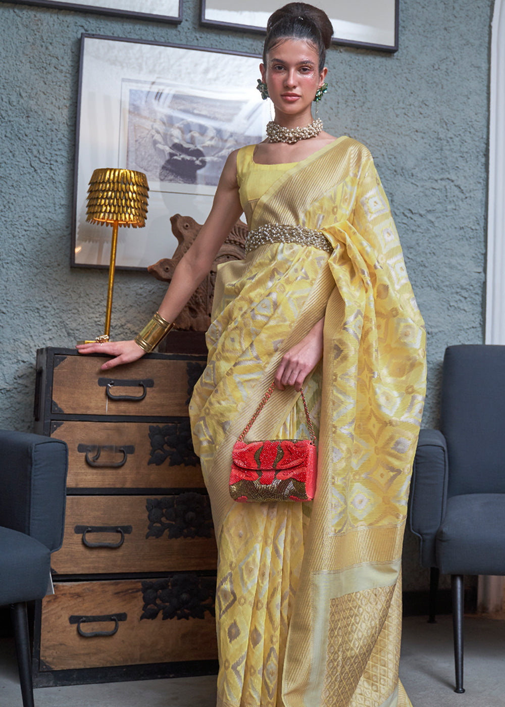 Buy MySilkLove Laser Yellow Woven Banarasi Linen Silk Saree Online