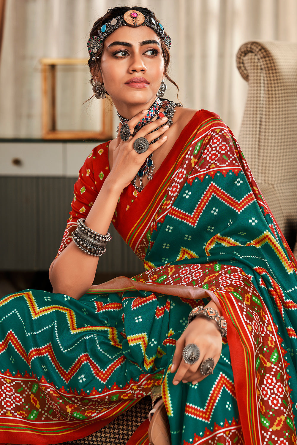 Buy MySilkLove Evening Sea Green and Red Printed Patola Saree Online