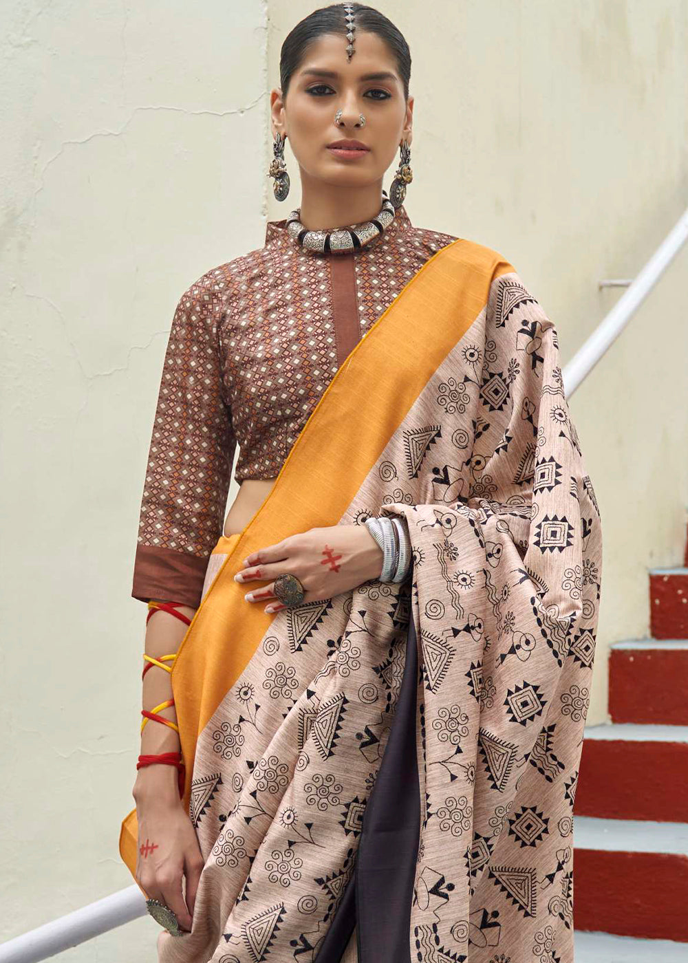 Buy MySilkLove Cameo Brown and Yellow Printed Designer Banarasi Saree Online