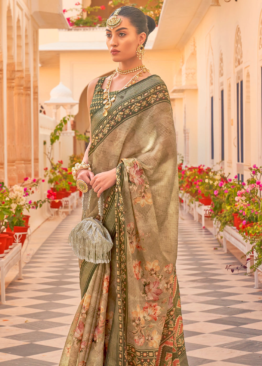 Buy MySilkLove Deco Green Printed Chiffon Patola Silk Saree Online