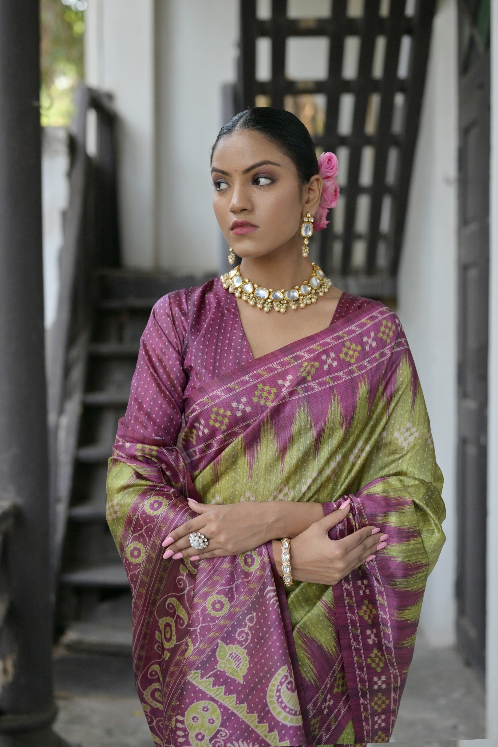 Buy MySilkLove Smoke Green and Purple Printed Tussar Silk Saree Online