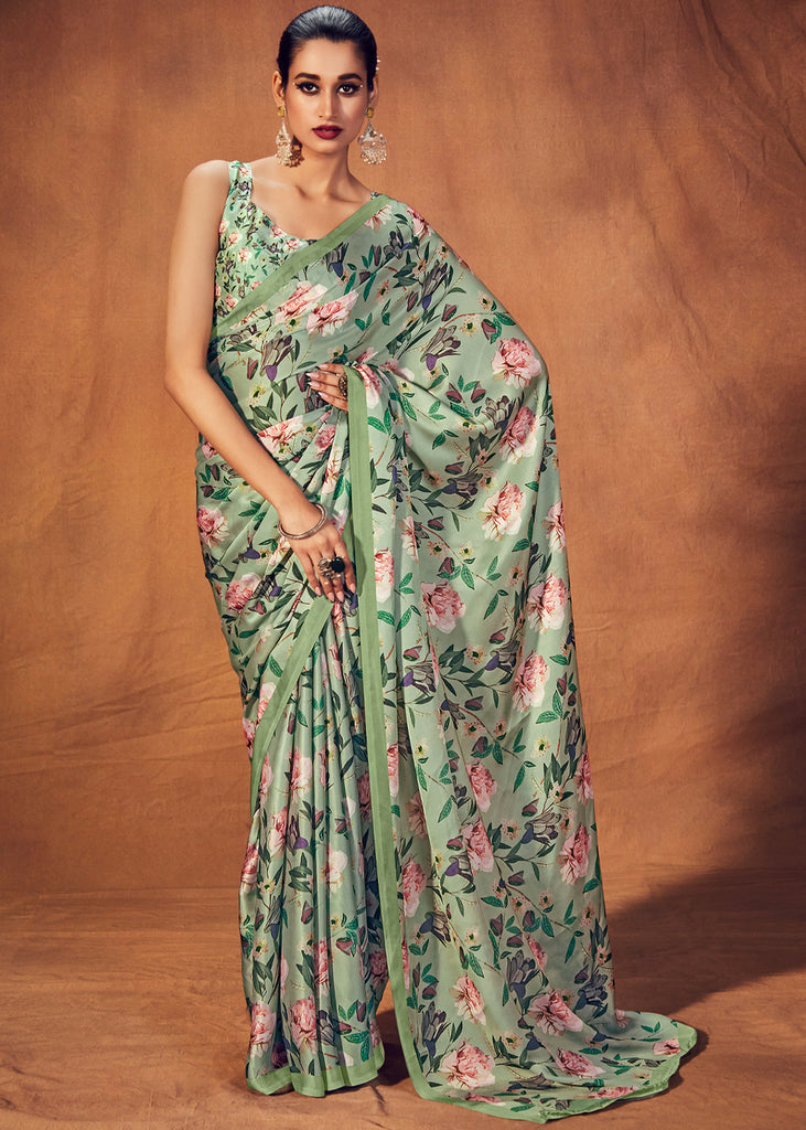 Buy MySilkLove Sprout Green Digital Printed Satin Silk Saree Online