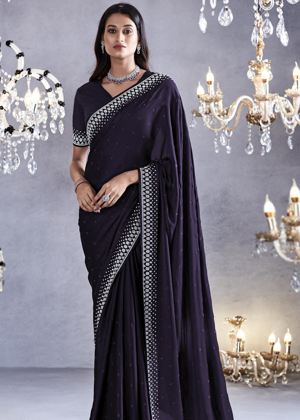 Buy MySilkLove Bastille Black Woven Embroidered Satin Silk Saree Online