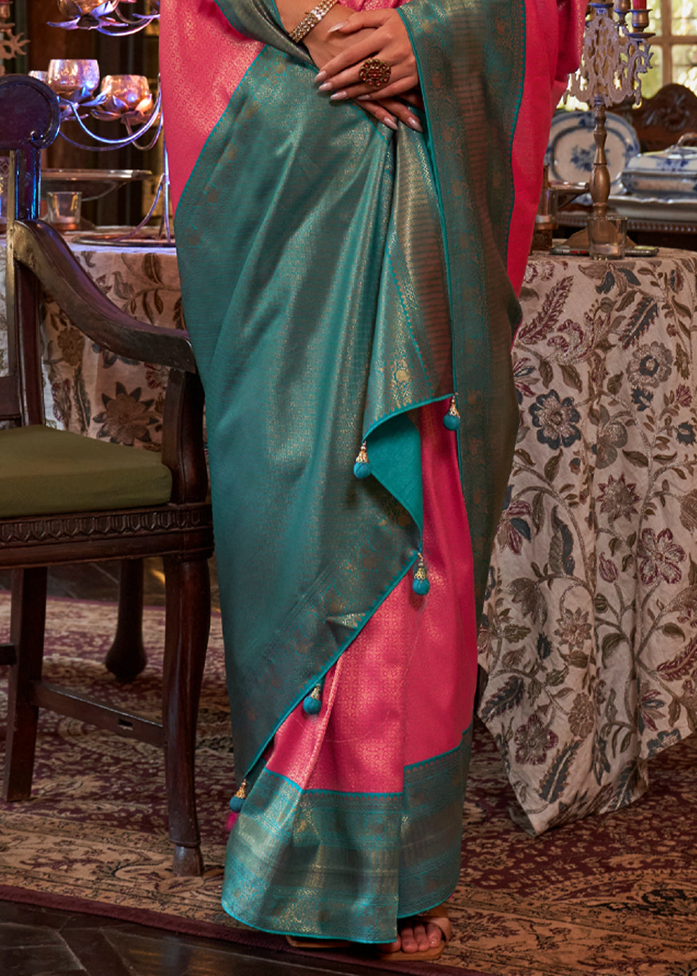 Buy MySilkLove Wild Pink and Blue Woven Kanjivaram Saree Online