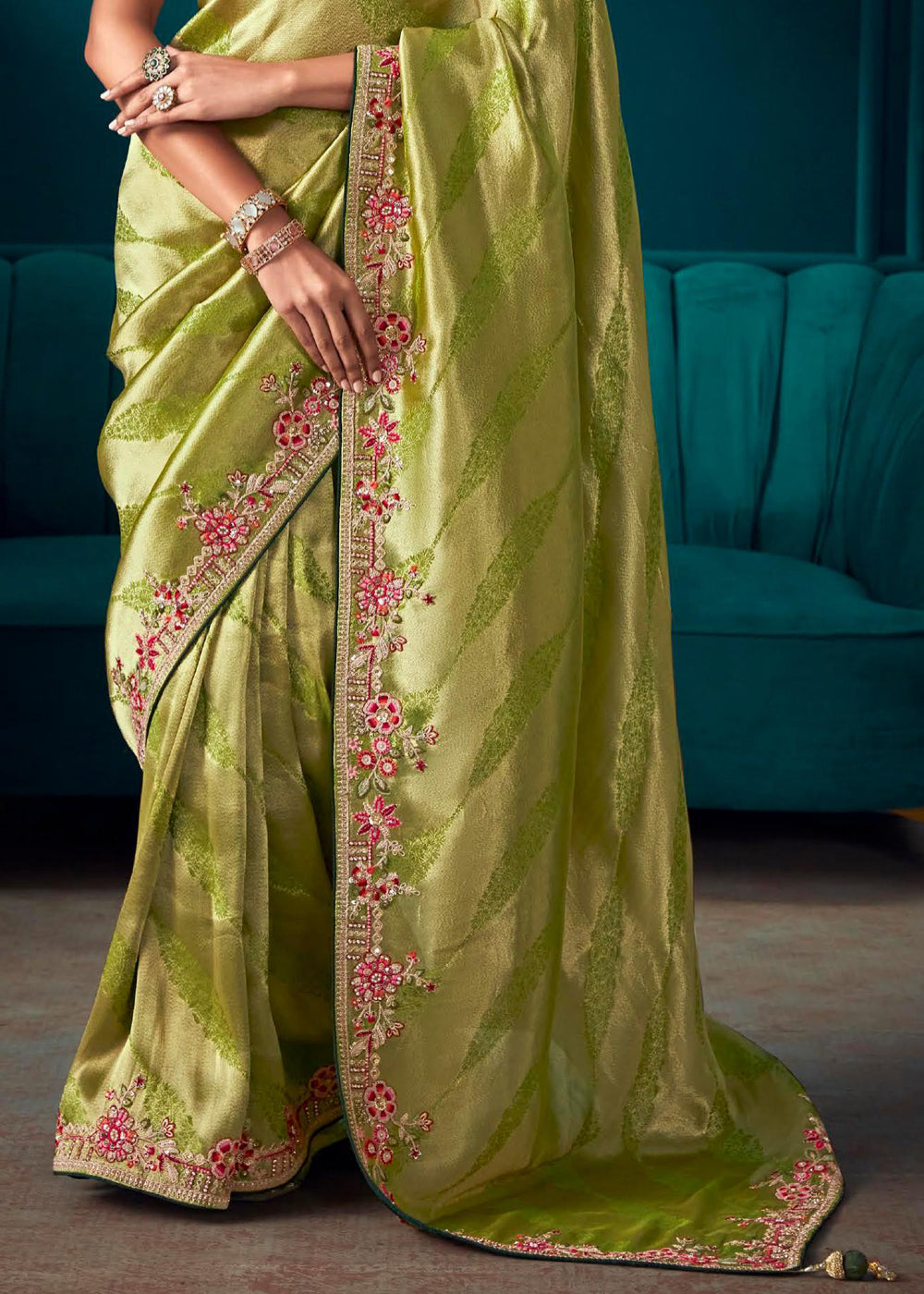 Buy MySilkLove Peridot Green Woven Embroidered Banarasi Silk Saree Online